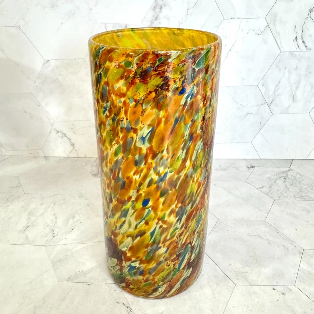 Vintage Hand Blown Art Glass Vase 7” Orange w/Multi Color Confetti Speckled